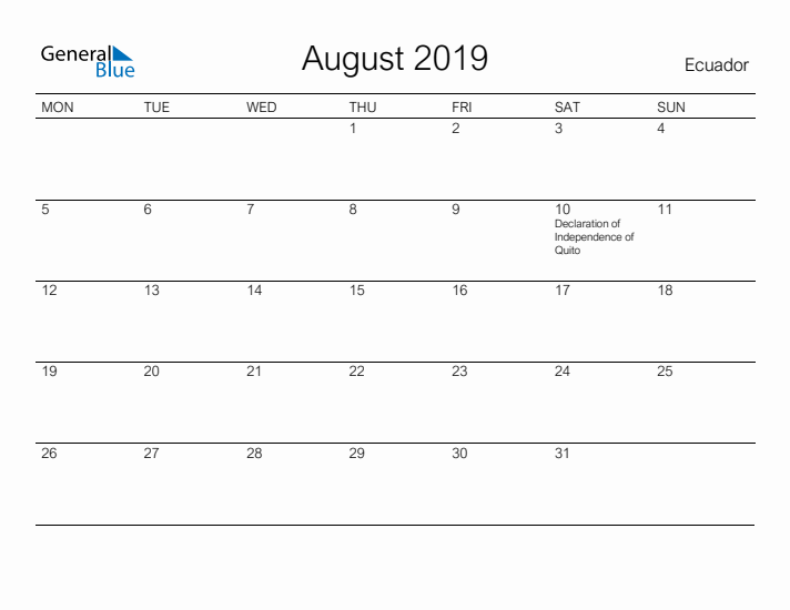 Printable August 2019 Calendar for Ecuador