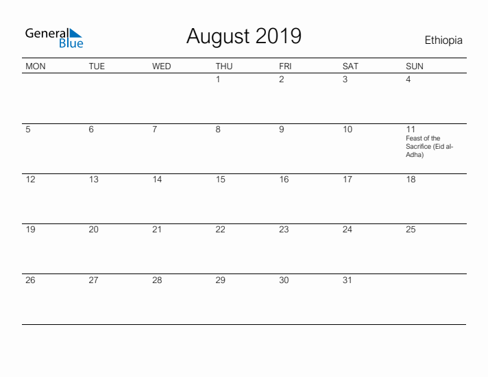 Printable August 2019 Calendar for Ethiopia