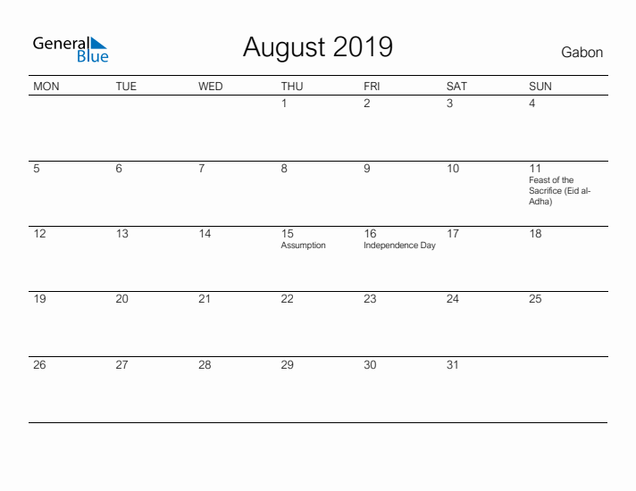 Printable August 2019 Calendar for Gabon
