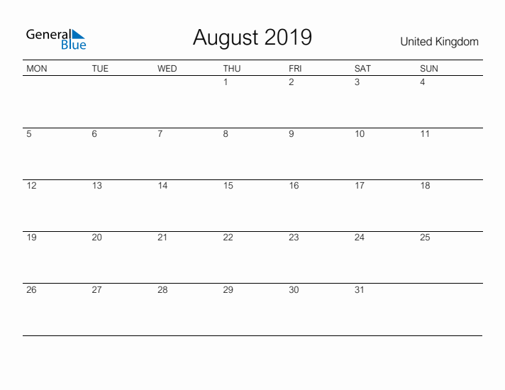 Printable August 2019 Calendar for United Kingdom