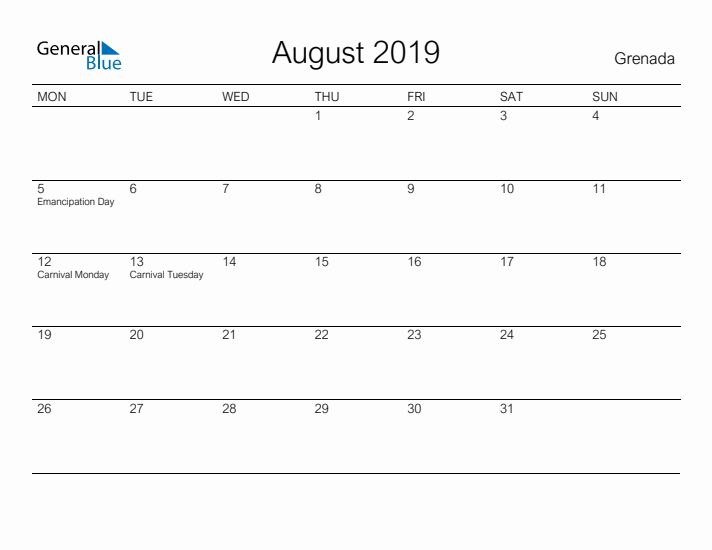 Printable August 2019 Calendar for Grenada