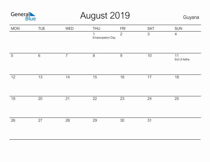 Printable August 2019 Calendar for Guyana