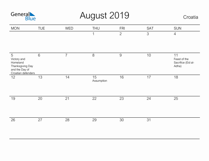 Printable August 2019 Calendar for Croatia
