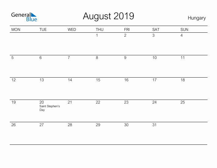 Printable August 2019 Calendar for Hungary