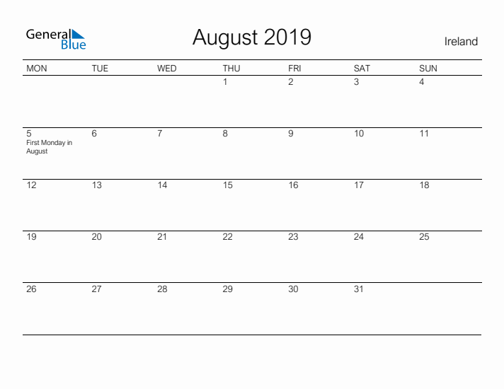 Printable August 2019 Calendar for Ireland
