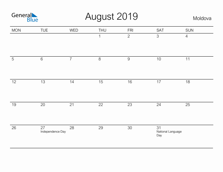 Printable August 2019 Calendar for Moldova
