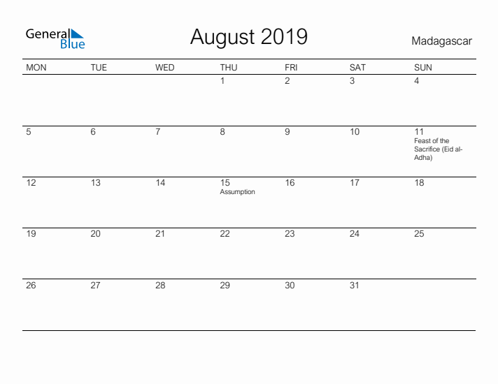 Printable August 2019 Calendar for Madagascar