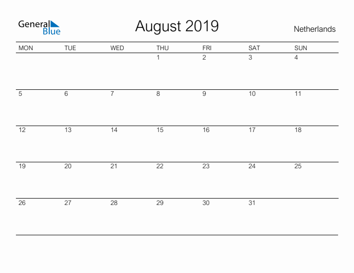 Printable August 2019 Calendar for The Netherlands
