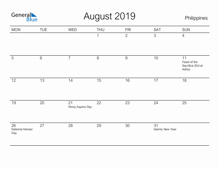 Printable August 2019 Calendar for Philippines