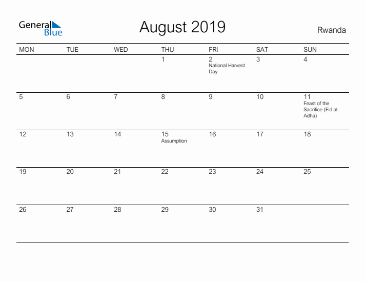 Printable August 2019 Calendar for Rwanda