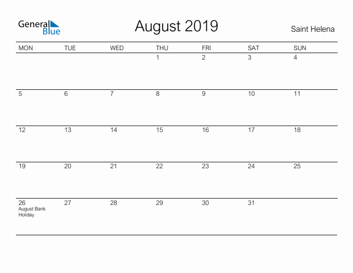 Printable August 2019 Calendar for Saint Helena
