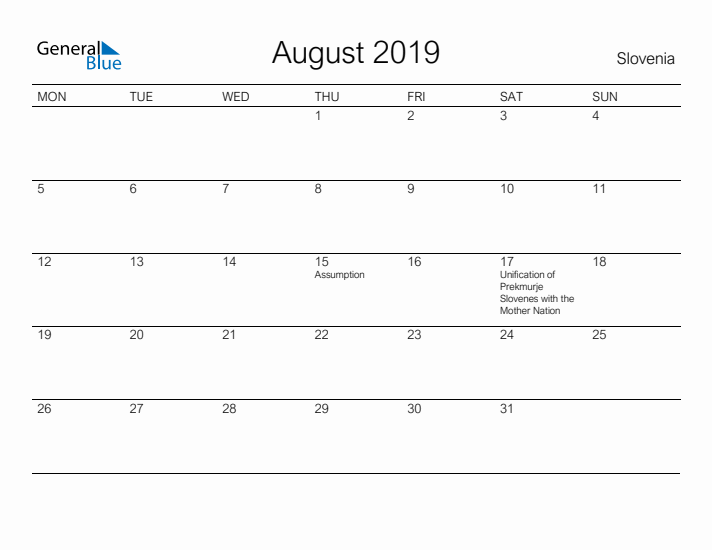 Printable August 2019 Calendar for Slovenia