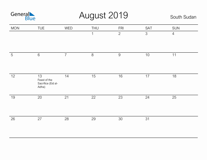 Printable August 2019 Calendar for South Sudan