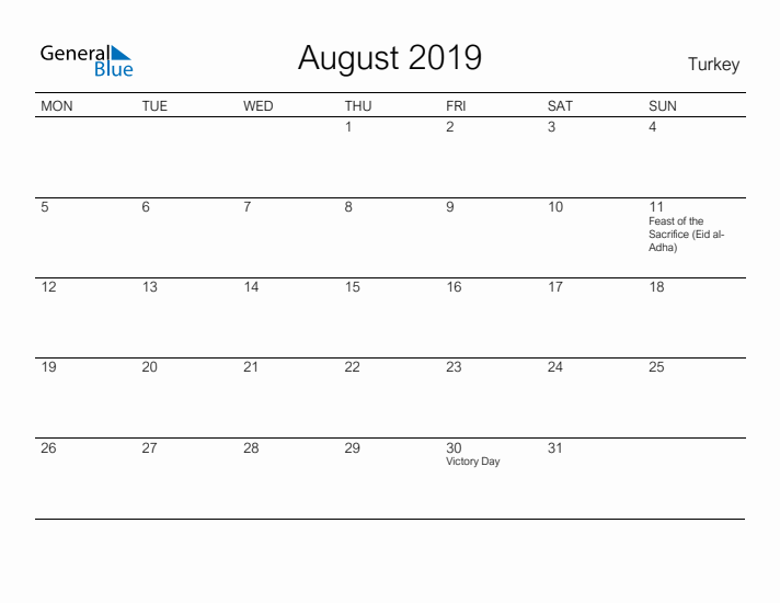 Printable August 2019 Calendar for Turkey