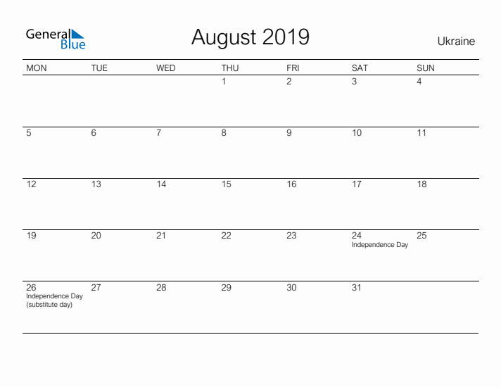 Printable August 2019 Calendar for Ukraine