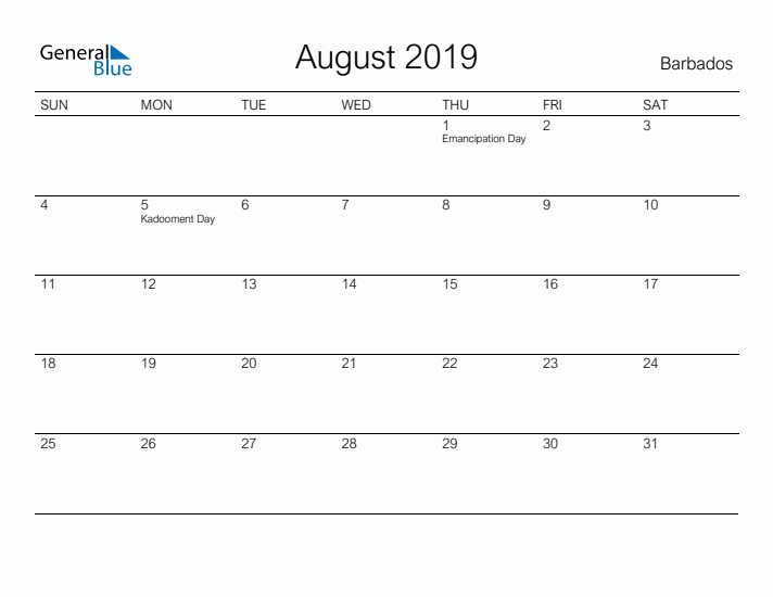 Printable August 2019 Calendar for Barbados