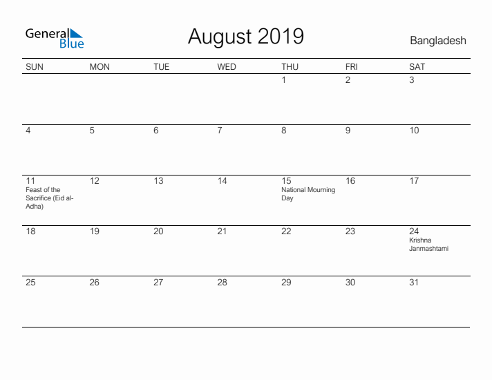 Printable August 2019 Calendar for Bangladesh