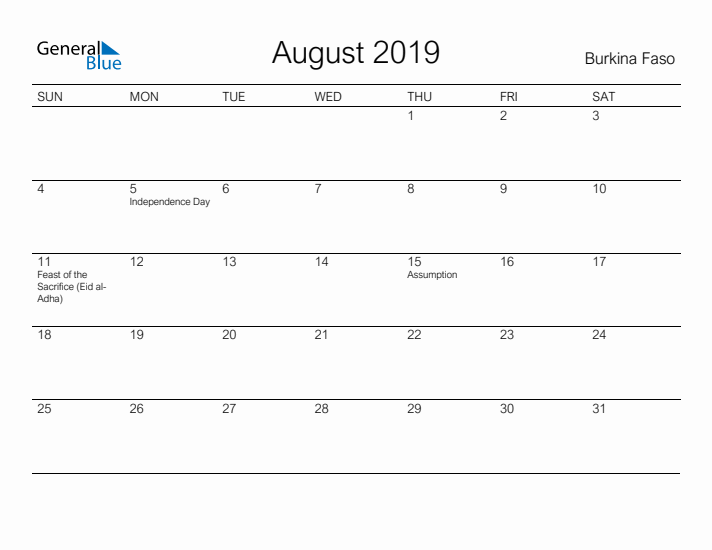 Printable August 2019 Calendar for Burkina Faso