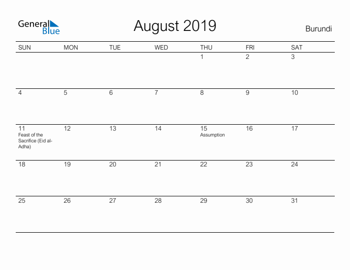 Printable August 2019 Calendar for Burundi