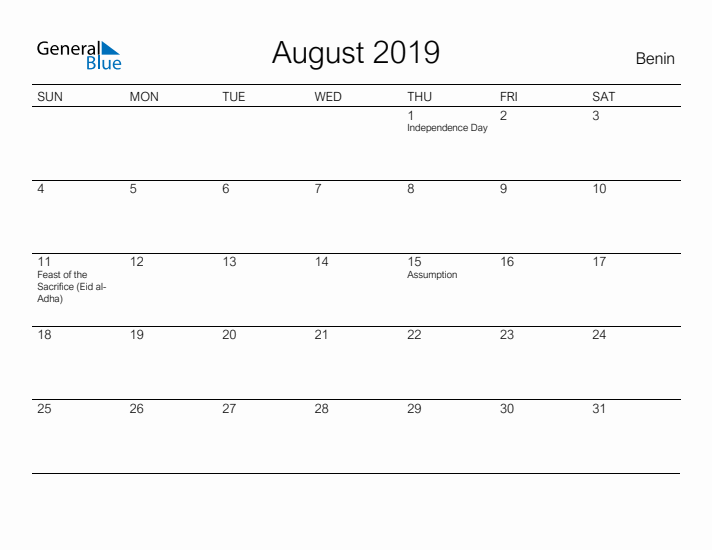 Printable August 2019 Calendar for Benin