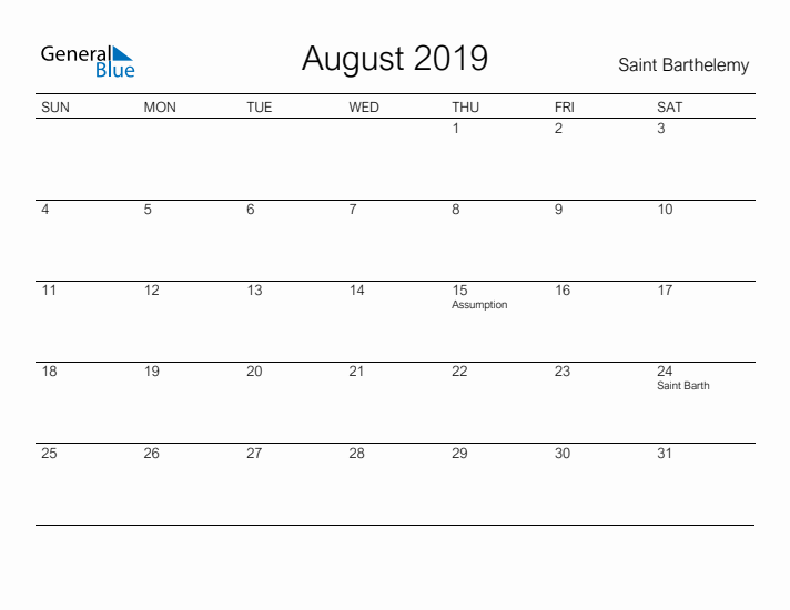 Printable August 2019 Calendar for Saint Barthelemy
