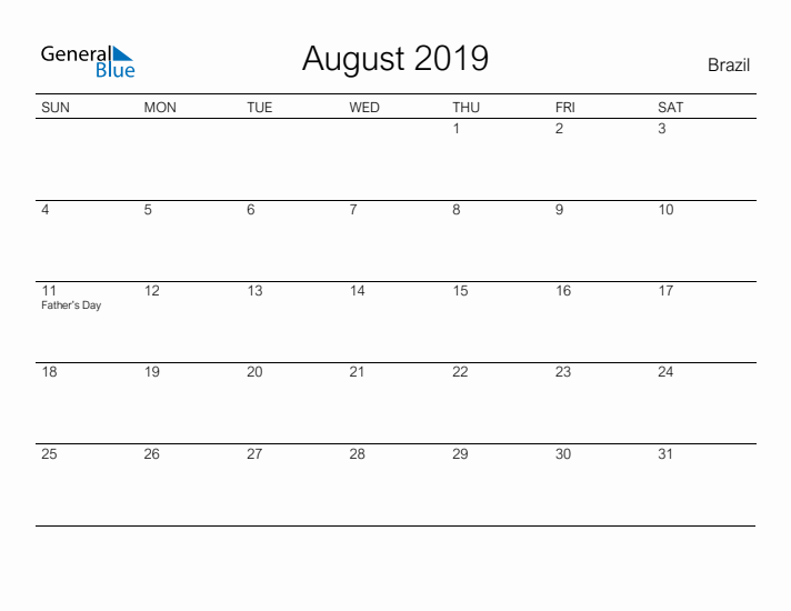 Printable August 2019 Calendar for Brazil