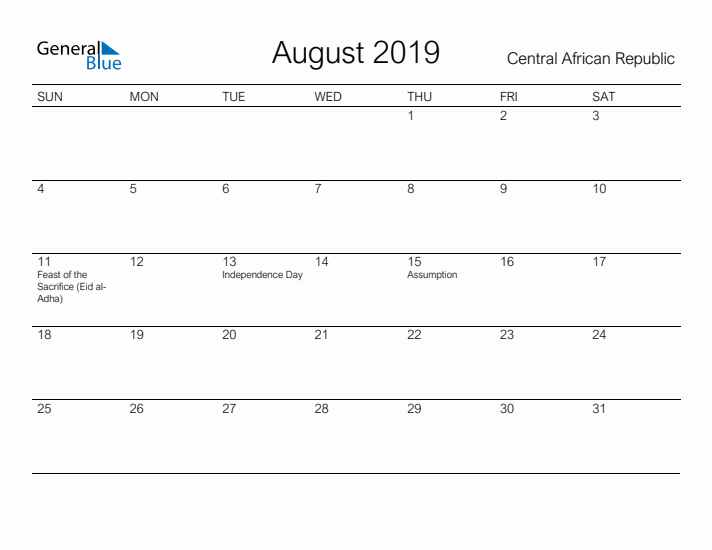 Printable August 2019 Calendar for Central African Republic