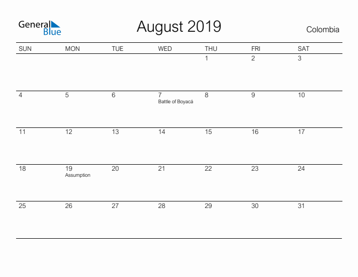 Printable August 2019 Calendar for Colombia