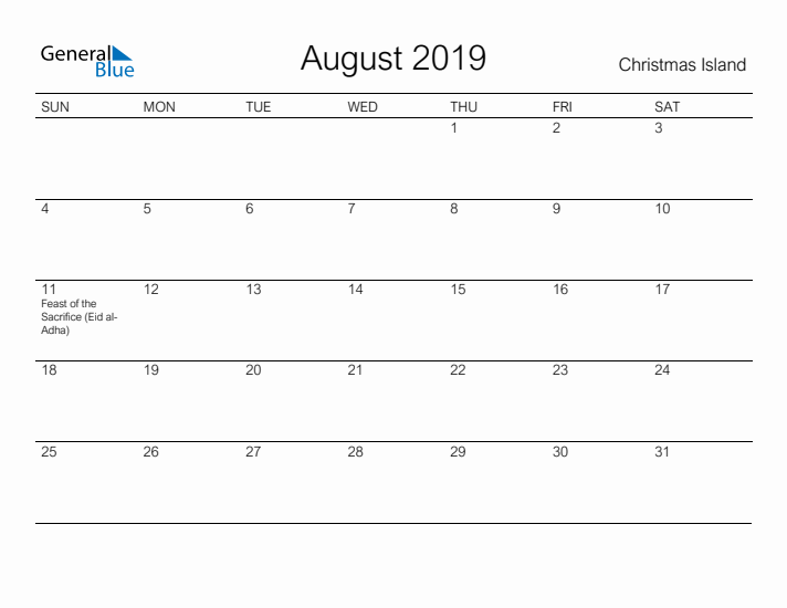 Printable August 2019 Calendar for Christmas Island