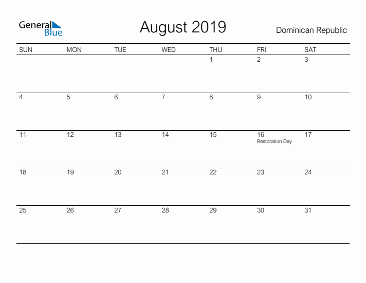 Printable August 2019 Calendar for Dominican Republic