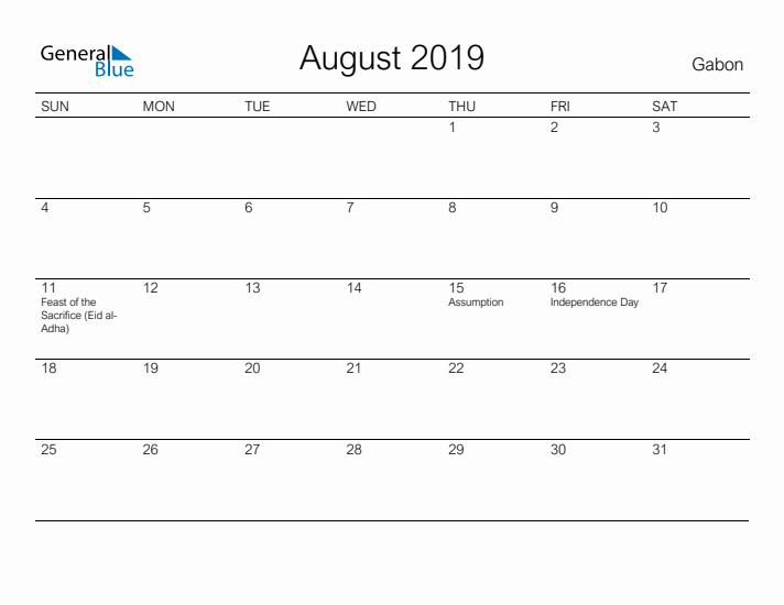 Printable August 2019 Calendar for Gabon
