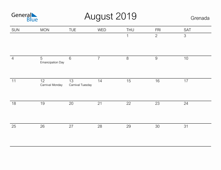 Printable August 2019 Calendar for Grenada
