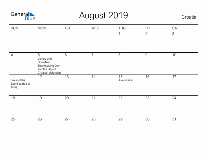 Printable August 2019 Calendar for Croatia