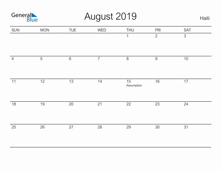 Printable August 2019 Calendar for Haiti