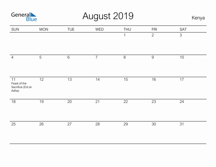 Printable August 2019 Calendar for Kenya