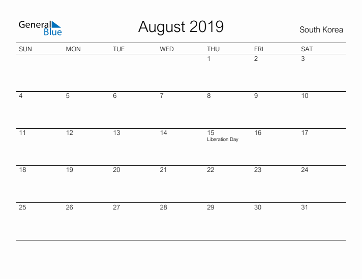Printable August 2019 Calendar for South Korea