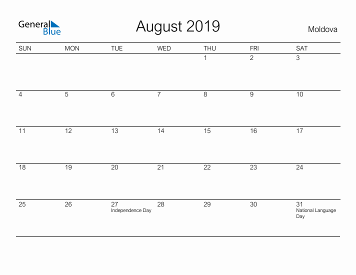 Printable August 2019 Calendar for Moldova