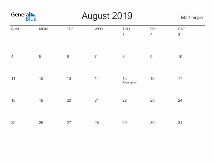 Printable August 2019 Calendar for Martinique