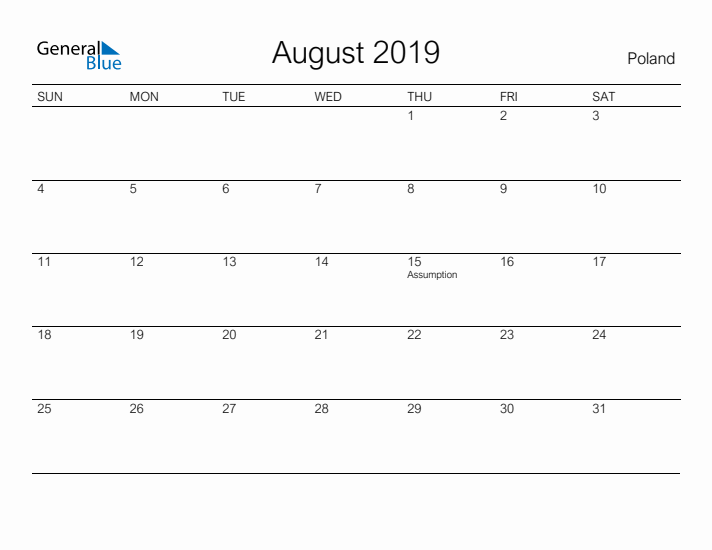 Printable August 2019 Calendar for Poland