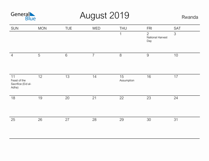 Printable August 2019 Calendar for Rwanda