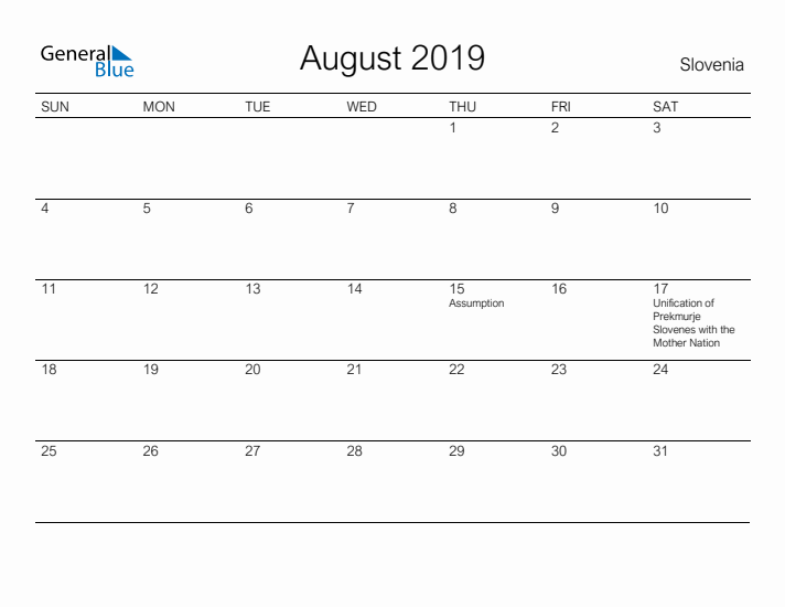 Printable August 2019 Calendar for Slovenia