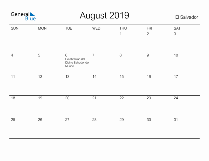 Printable August 2019 Calendar for El Salvador