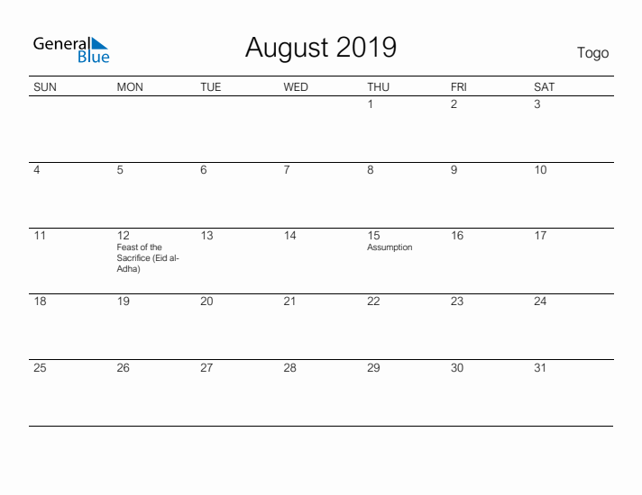 Printable August 2019 Calendar for Togo