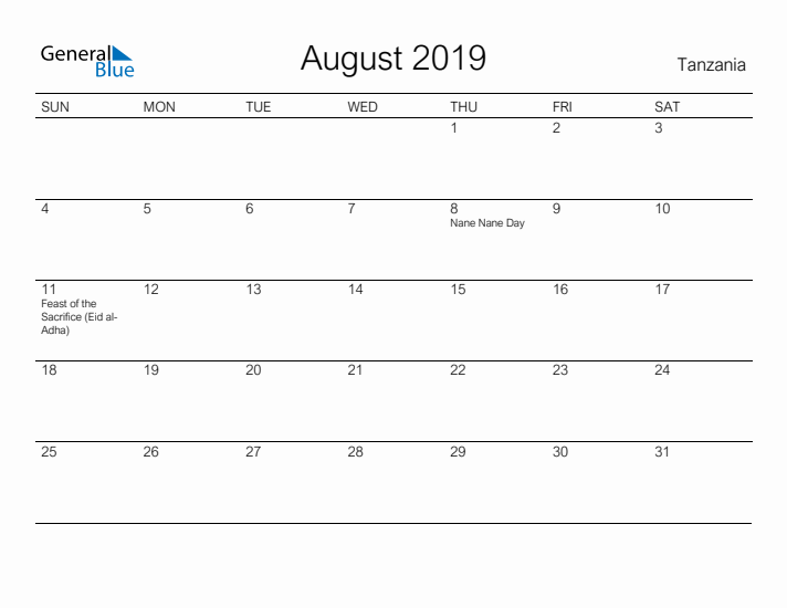 Printable August 2019 Calendar for Tanzania