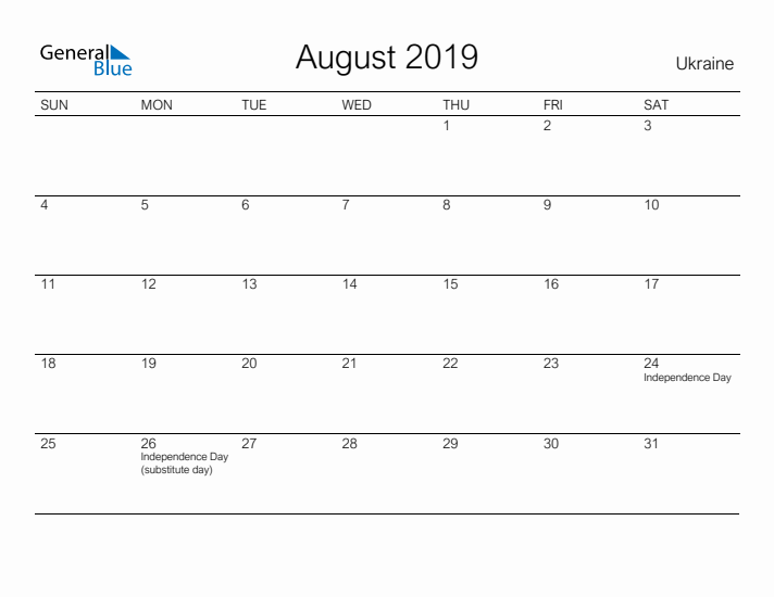 Printable August 2019 Calendar for Ukraine