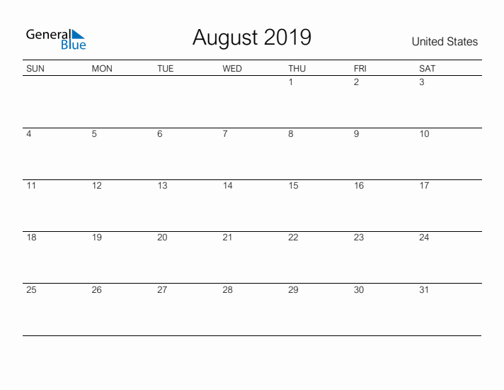 Printable August 2019 Calendar for United States