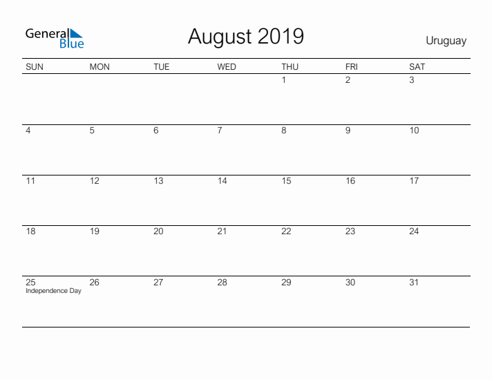 Printable August 2019 Calendar for Uruguay