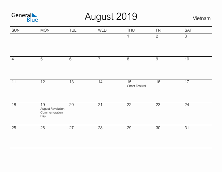 Printable August 2019 Calendar for Vietnam