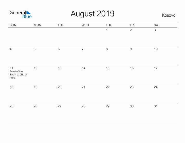 Printable August 2019 Calendar for Kosovo