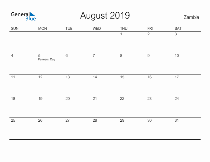 Printable August 2019 Calendar for Zambia